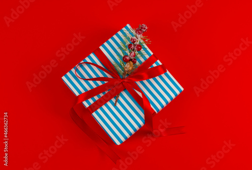 One blue striped gift box with ribbon and spruce branch lies in the middle against a red background. © Nataliya