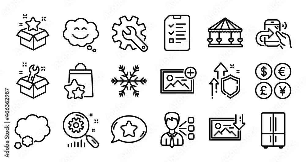 Download photo, Spanner and Refrigerator line icons set. Secure shield and Money currency exchange. Air conditioning, Favorite chat and Share call icons. Vector