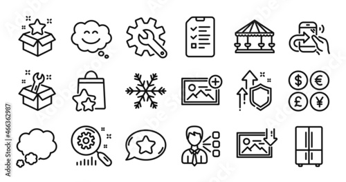 Download photo, Spanner and Refrigerator line icons set. Secure shield and Money currency exchange. Air conditioning, Favorite chat and Share call icons. Vector