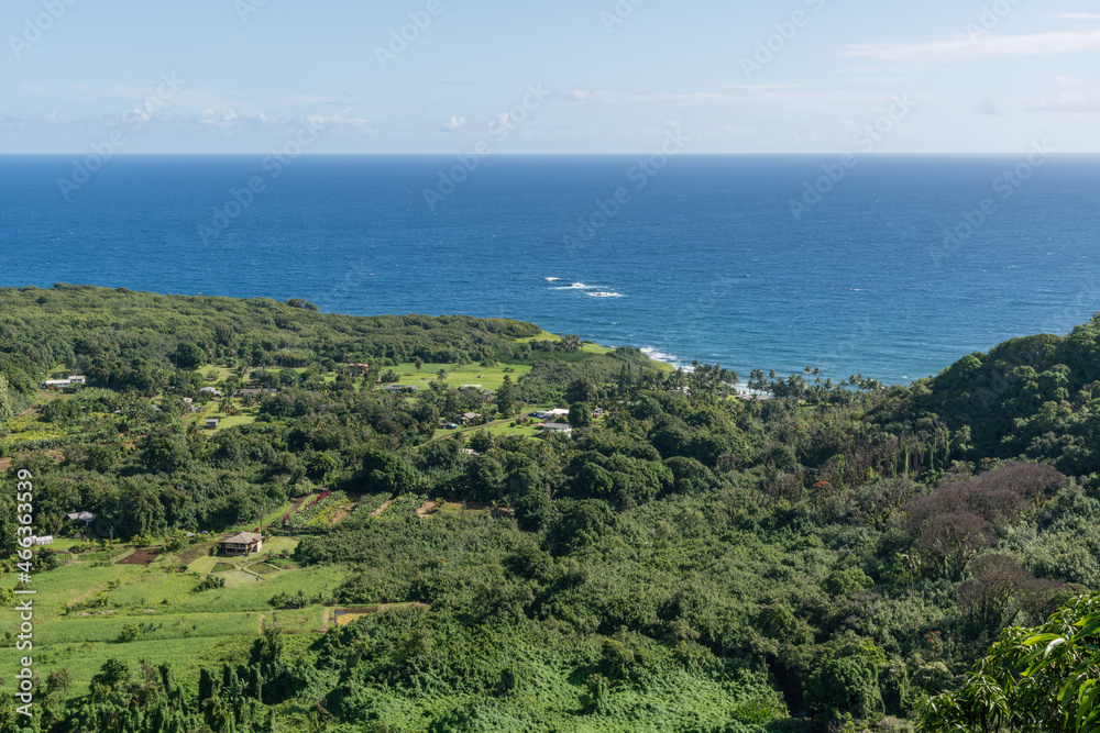 Scenic aerial vista of a small coastal village near Hana on the east side of Maui, Hawaii