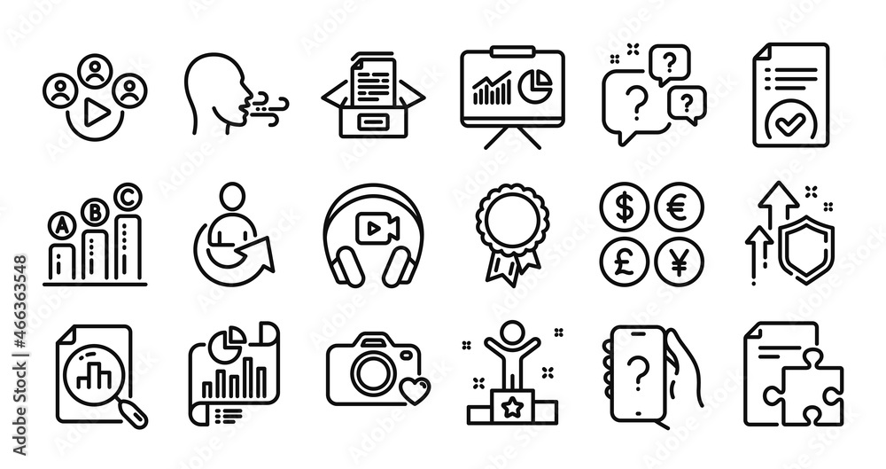Headphones, Photo camera and Ask question line icons set. Secure shield and Money currency exchange. Presentation, Graph chart and Breathing exercise icons. Vector Headphones, Photo camera and Ask question line icons set. Secure shield and Money currency exchange. Presentation, Graph chart and Breathing exercise icons. Vector
