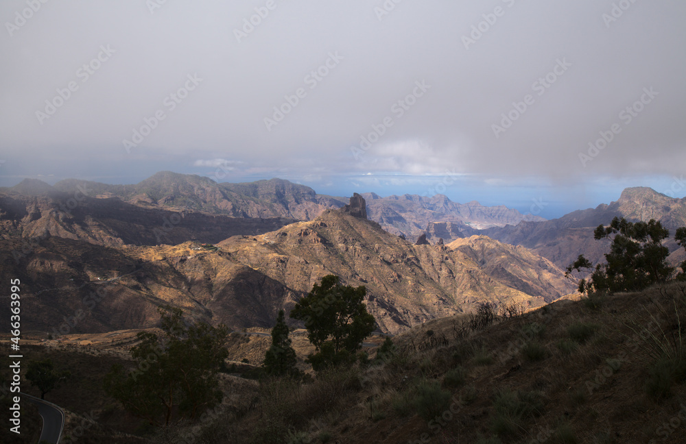 Gran Canaria, landscape of the central part of the island, Las Cumbres, ie The Summits, 
Caldera de Tejeda in geographical center of the island, as seen from Cruz de Tejeda pass
