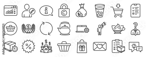 Set of line icons, such as Interview, Delivery timer, Hiring employees icons. Shop cart, Salary employees, Espresso cream signs. Shopping cart, Copyright locker, Ice tea. Teapot, Edit user. Vector