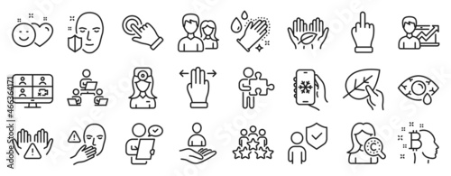 Set of People icons  such as Customer survey  Fair trade  Teamwork icons. Face protection  Clean hands  Touchscreen gesture signs. Video conference  Multitasking gesture  Puzzle. Smile. Vector