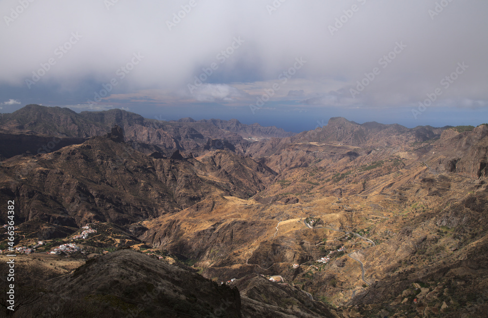 Gran Canaria, landscape of the central part of the island, Las Cumbres, ie The Summits, 
Caldera de Tejeda in geographical center of the island, as seen from Cruz de Tejeda pass