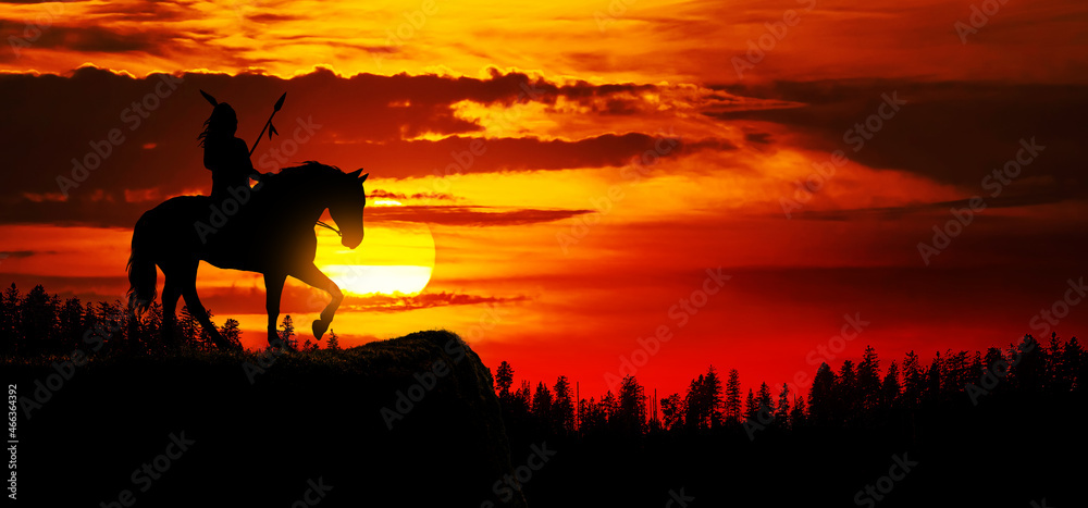 Indian of America on horseback at sunset