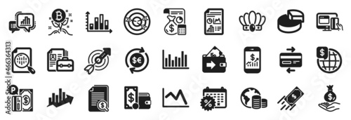 Set of Finance icons, such as Line chart, Money currency, Bitcoin project icons. World money, Bar diagram, Crown signs. Parking payment, Analytics chart, Calendar discounts. Vacancy. Vector