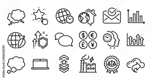 Environment day, Upper arrows and Time management line icons set. Secure shield and Money currency exchange. Approved mail, Diagram graph and Shoulder strap icons. Vector
