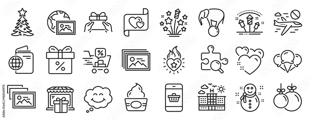Set of Holidays icons, such as Search puzzle, Travel passport, Cancel flight icons. Elephant on ball, Discount offer, Christmas tree signs. Photo album, Snowman, Heart. Image gallery. Vector