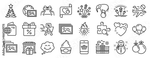 Set of Holidays icons  such as Search puzzle  Travel passport  Cancel flight icons. Elephant on ball  Discount offer  Christmas tree signs. Photo album  Snowman  Heart. Image gallery. Vector