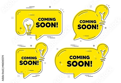 Coming soon text. Idea yellow chat bubbles. Promotion banner sign. New product release symbol. Coming soon chat message banners. Idea lightbulb balloons. Vector