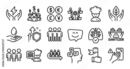 Cooking chef, Water care and Queue line icons set. Secure shield and Money currency exchange. Leadership, Messages and Fair trade icons. Teamwork, Group and Dont touch signs. Vector