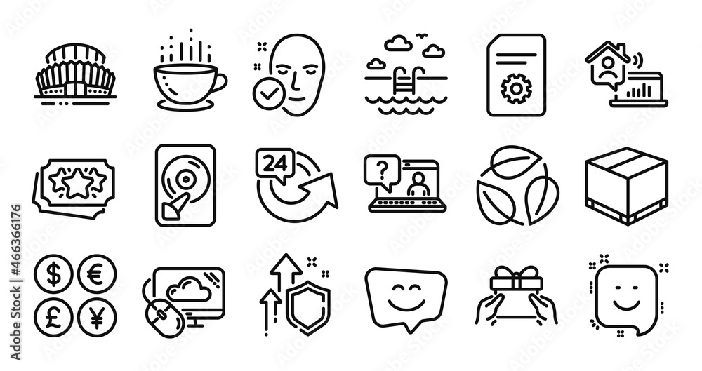 Swimming pool, Hdd and Smile line icons set. Secure shield and Money currency exchange. Leaves, Give present and File settings icons. Cloud computing, Faq and Work home signs. Vector
