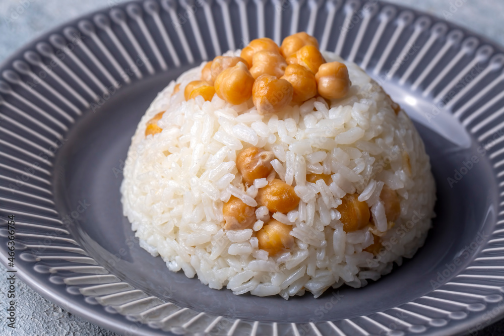 Turkish Rice with chickpea served, Turkish name; Nohutlu pilav or pilaf Turkish Rice with chickpea served, Turkish name; Nohutlu pilav or pilaf