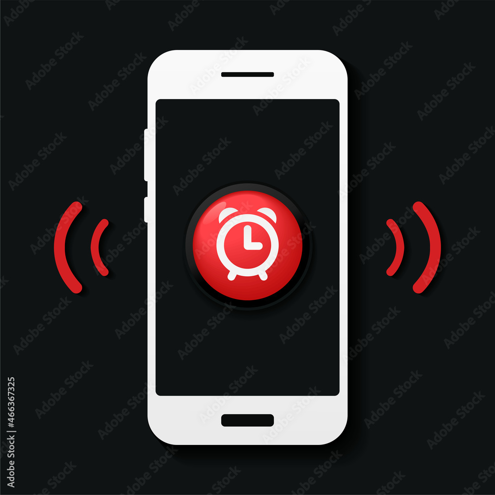 Alarm clock, reminder symbol. Smartphone with notification bell button. Wake up time settings. Illustration vector Alarm clock, reminder symbol. Smartphone with notification bell button. Wake up time settings. Illustration vector