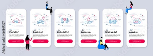 Vector Set of Business icons related to Arena, Chemistry lab and Justice scales icons. UI phone app screens with teamwork. Bike delivery, Quick tips and Truck delivery line symbols. Vector