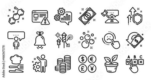 Correct checkbox, Coins and Internet warning line icons set. Secure shield and Money currency exchange. Bell, Chemical formula and Judge hammer icons. Food, Cashback and Dislike signs. Vector