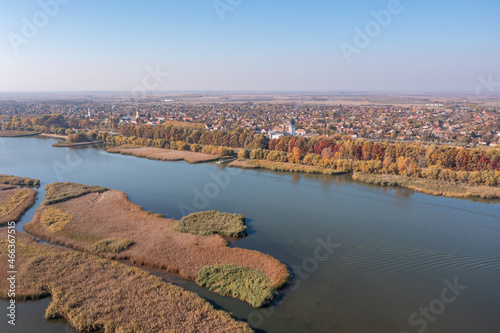 Fototapeta Naklejka Na Ścianę i Meble -  Hungary - Tisza lake at Poroszló city from drone view