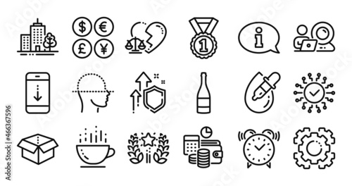 Coffee cup, Open box and Scroll down line icons set. Secure shield and Money currency exchange. Seo gear, Champagne bottle and Best rank icons. Vector © blankstock