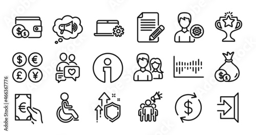 Teamwork, Exit and Column diagram line icons set. Secure shield and Money currency exchange. Brand ambassador, Info and Disabled icons. Support, Usd exchange and Megaphone signs. Vector