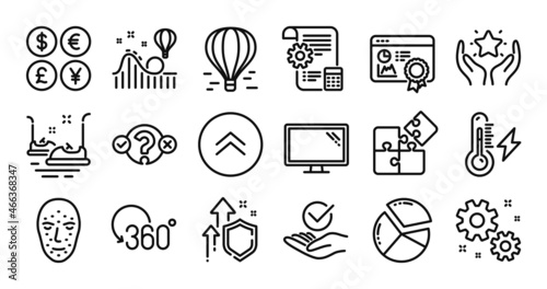 Pie chart, Ranking and Swipe up line icons set. Secure shield and Money currency exchange. Settings blueprint, Monitor and Puzzle icons. Bumper cars, Air balloon and Quiz test signs. Vector