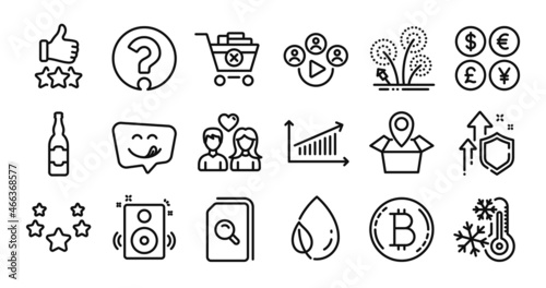 Bitcoin, Question mark and Leaf dew line icons set. Secure shield and Money currency exchange. Stars, Video conference and Search files icons. Remove purchase, Chart and Yummy smile signs. Vector