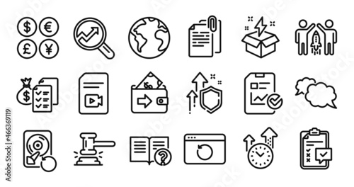 Recovery internet, Creative idea and Accounting wealth line icons set. Secure shield and Money currency exchange. Wallet, Report checklist and Help icons. Vector