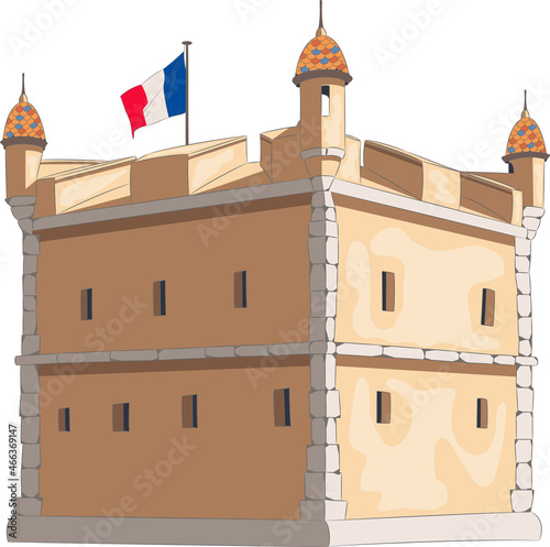 Old stone bastion with the flag of France in Menton.