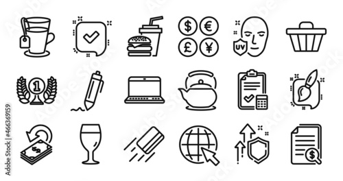 Signature, Accounting checklist and Shop cart line icons set. Secure shield and Money currency exchange. Painting brush, Beer glass and Notebook icons. Vector