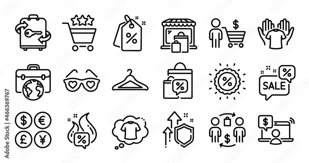 Sale bags, Hold t-shirt and Love glasses line icons set. Secure shield and Money currency exchange. Buying process, T-shirt and Businessman case icons. Vector