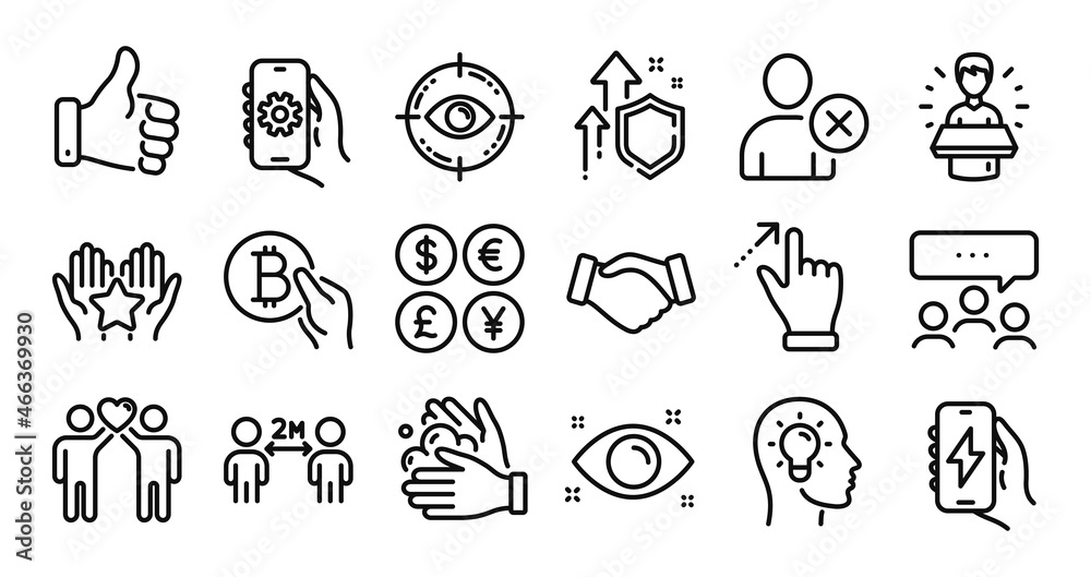 Ranking, Social distancing and Friends couple line icons set. Secure shield and Money currency exchange. Eye target, Like hand and App settings icons. Vector