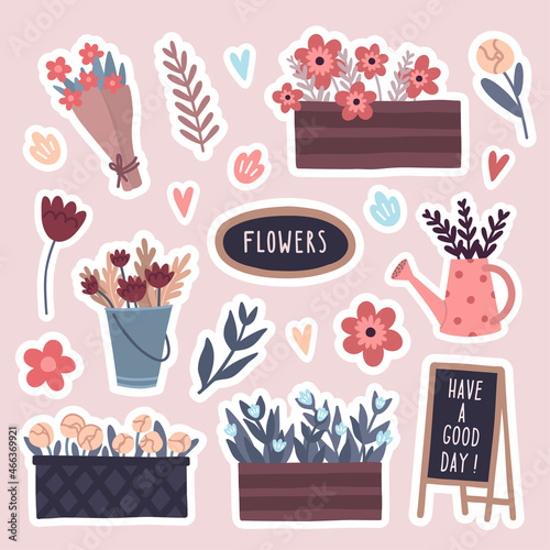 Vector floral sticker set with flowers and thematic elements