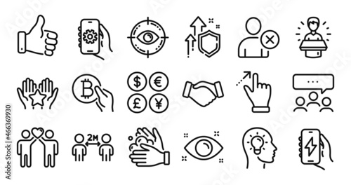 Ranking, Social distancing and Friends couple line icons set. Secure shield and Money currency exchange. Eye target, Like hand and App settings icons. Vector