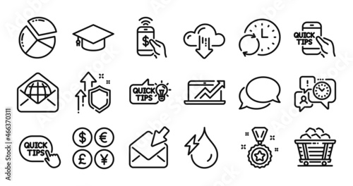 Pie chart, Open mail and Web mail line icons set. Secure shield and Money currency exchange. Phone payment, Winner reward and Education idea icons. Vector