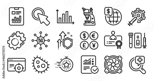 Coronavirus vaccine, Microscope and Medical analyzes line icons set. Secure shield and Money currency exchange. Blood and saliva test, Certificate and Timer icons. Vector