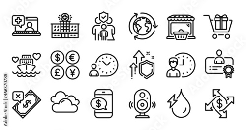 Working hours, Medical help and Outsourcing line icons set. Secure shield and Money currency exchange. Certificate, Speaker and Shopping cart icons. Vector