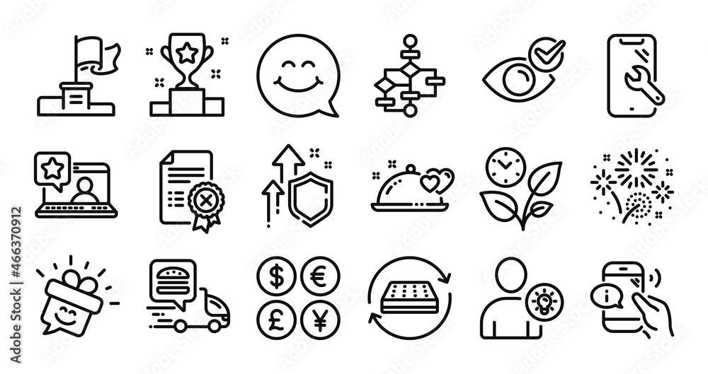 Smile face, Block diagram and Romantic dinner line icons set. Secure shield and Money currency exchange. Winner cup, Mattress and Online rating icons. Vector Smile face, Block diagram and Romantic dinner line icons set. Secure shield and Money currency exchange. Winner cup, Mattress and Online rating icons. Vector