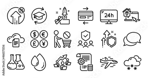 Chemistry lab, Messenger and Innovation line icons set. Secure shield and Money currency exchange. Continuing education, 24h service and Airplane icons. Vector