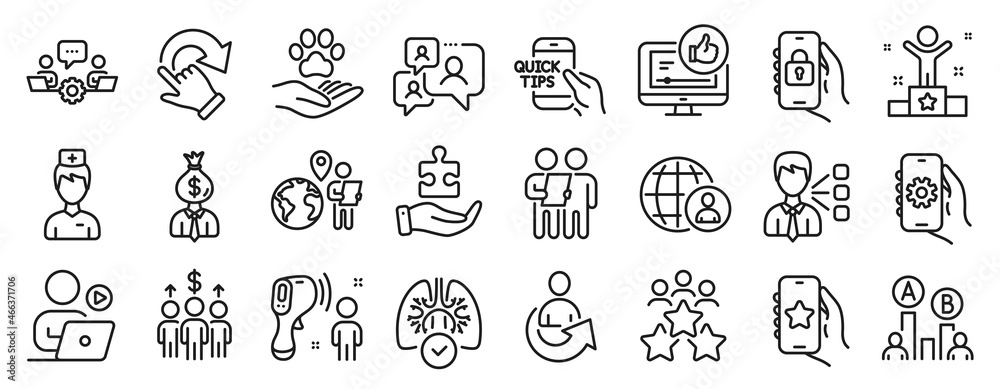 Set of People icons, such as Support chat, Favorite app, Ab testing icons. Share, Rotation gesture, App settings signs. Electronic thermometer, International recruitment, Winner. Doctor. Vector