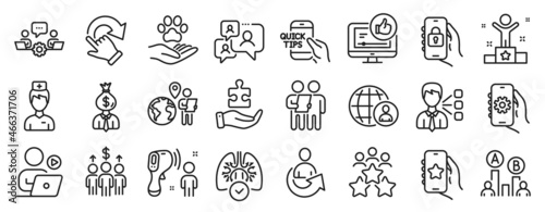 Set of People icons  such as Support chat  Favorite app  Ab testing icons. Share  Rotation gesture  App settings signs. Electronic thermometer  International recruitment  Winner. Doctor. Vector