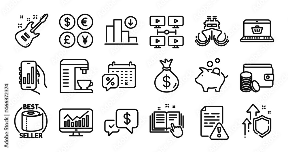 Coffee machine, Payment method and Statistics line icons set. Secure shield and Money currency exchange. Electric guitar, Technical documentation and Analysis app icons. Vector