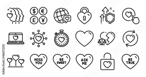 Web love, Divorce lawyer and Update relationships line icons set. Secure shield and Money currency exchange. Love heart, Ask me and Heart icons. Vector