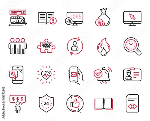 Vector Set of Business icons related to Refresh like, Heartbeat and Person info icons. Cash, Internet and Quick tips signs. Facts, Friendship and Time management. Flammable fuel, Book. Vector