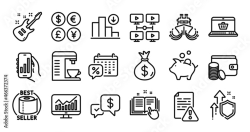 Coffee machine, Payment method and Statistics line icons set. Secure shield and Money currency exchange. Electric guitar, Technical documentation and Analysis app icons. Vector