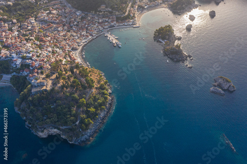 Aerial shot of medieval fort and port town of Parga in West Greece Preveza