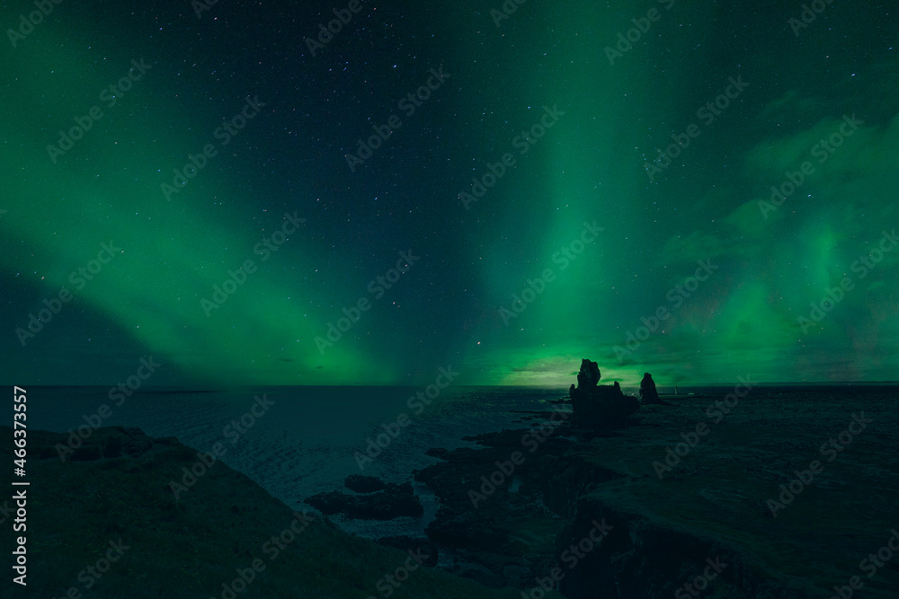 Landscape of Snaefellsnes peninsula in a night with a beautiful Northern Lights. Iceland