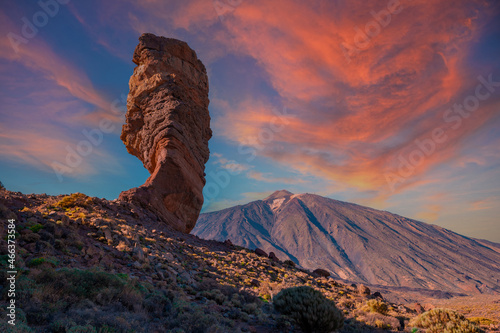 Sunset at Roque Cinchado next to Teide in the natural park of Tenerife, Canary Islands. Spain photo