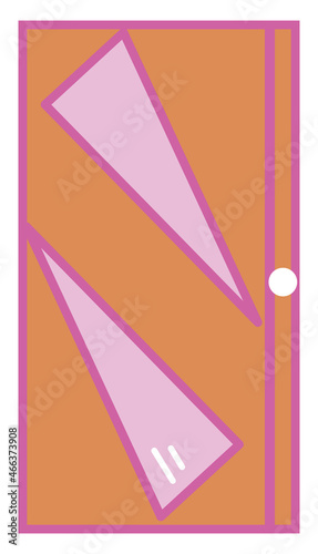 Wooden door with two pink glass details, illustration, vector, on a white background.