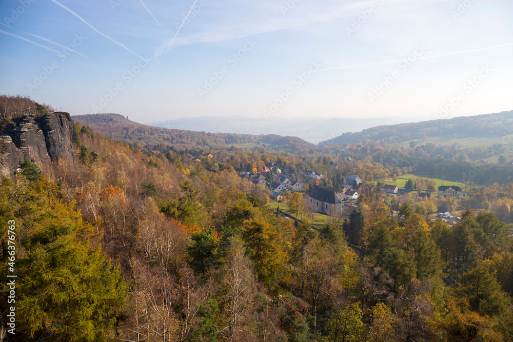 Beautiful autumn Landscape in the sandstone Mountains in the north Bohemia, Tisa Rocks, Czech Republic