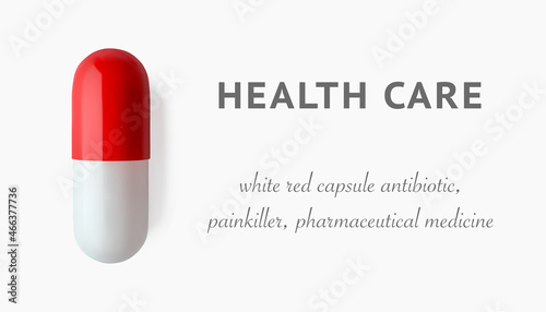White red medicine capsule 3d realistic vector illustration. Concept healthcare horizontal banner. Antibiotic or painkiller pill